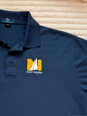 Vansport Navy Short-Sleeve Polo with Yellow Sailing Logo Medium